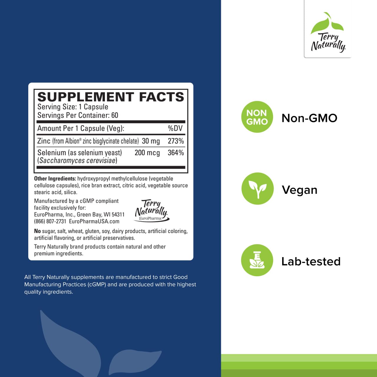 Terry Naturally Zinc Plus Selenium label close-up showing mineral ingredients