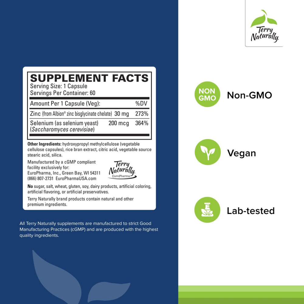 Terry Naturally Zinc Plus Selenium label close-up showing mineral ingredients