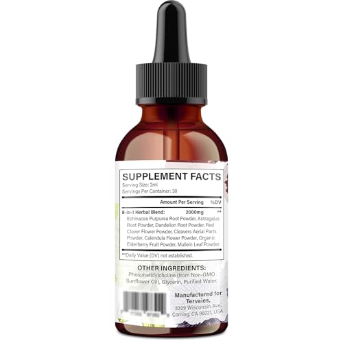 Close-up of Tervaies Liposomal Drops label highlighting elderberry and echinacea blend.