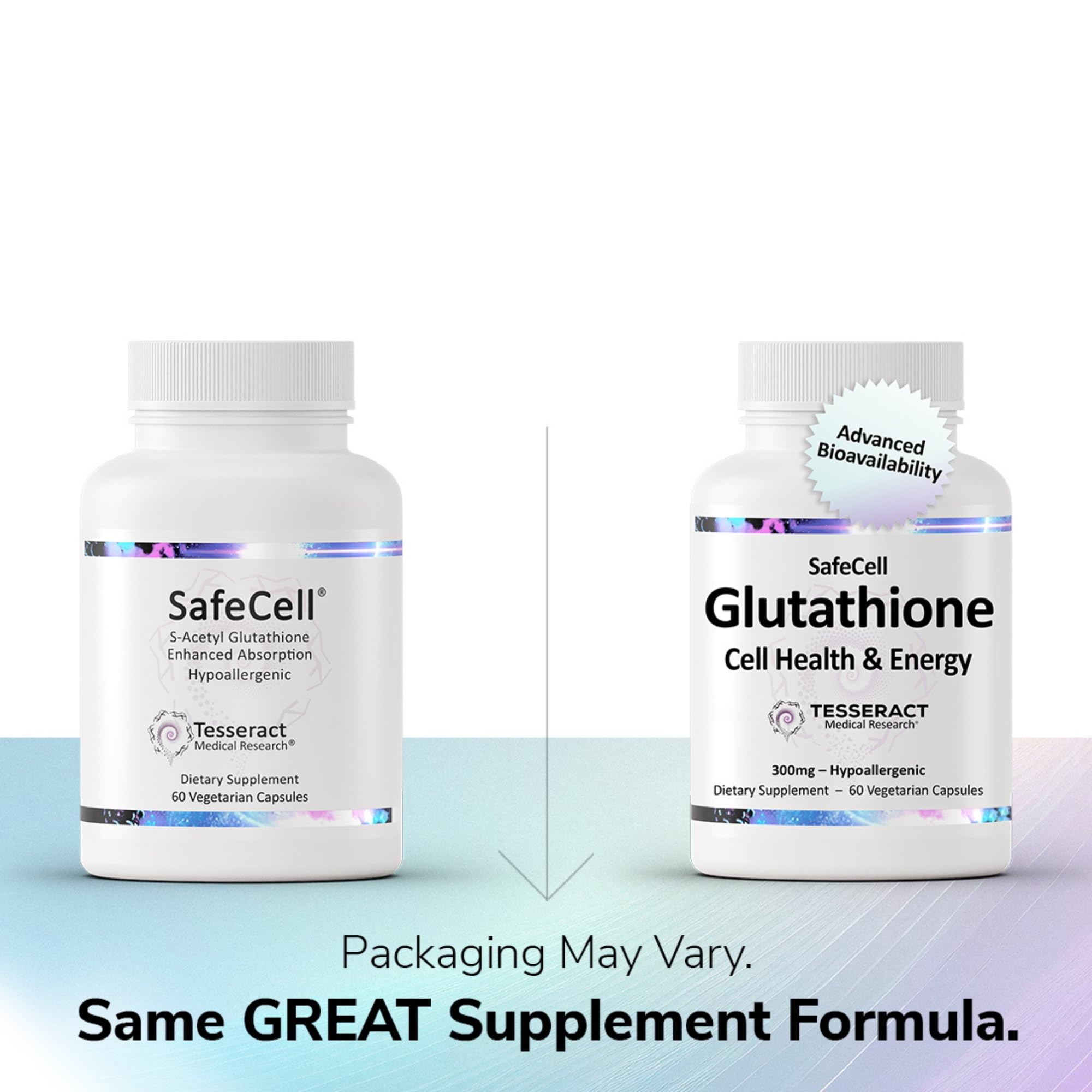 Close-up of Tesseract SafeCell capsules showing S-Acetyl Glutathione for daily wellness.