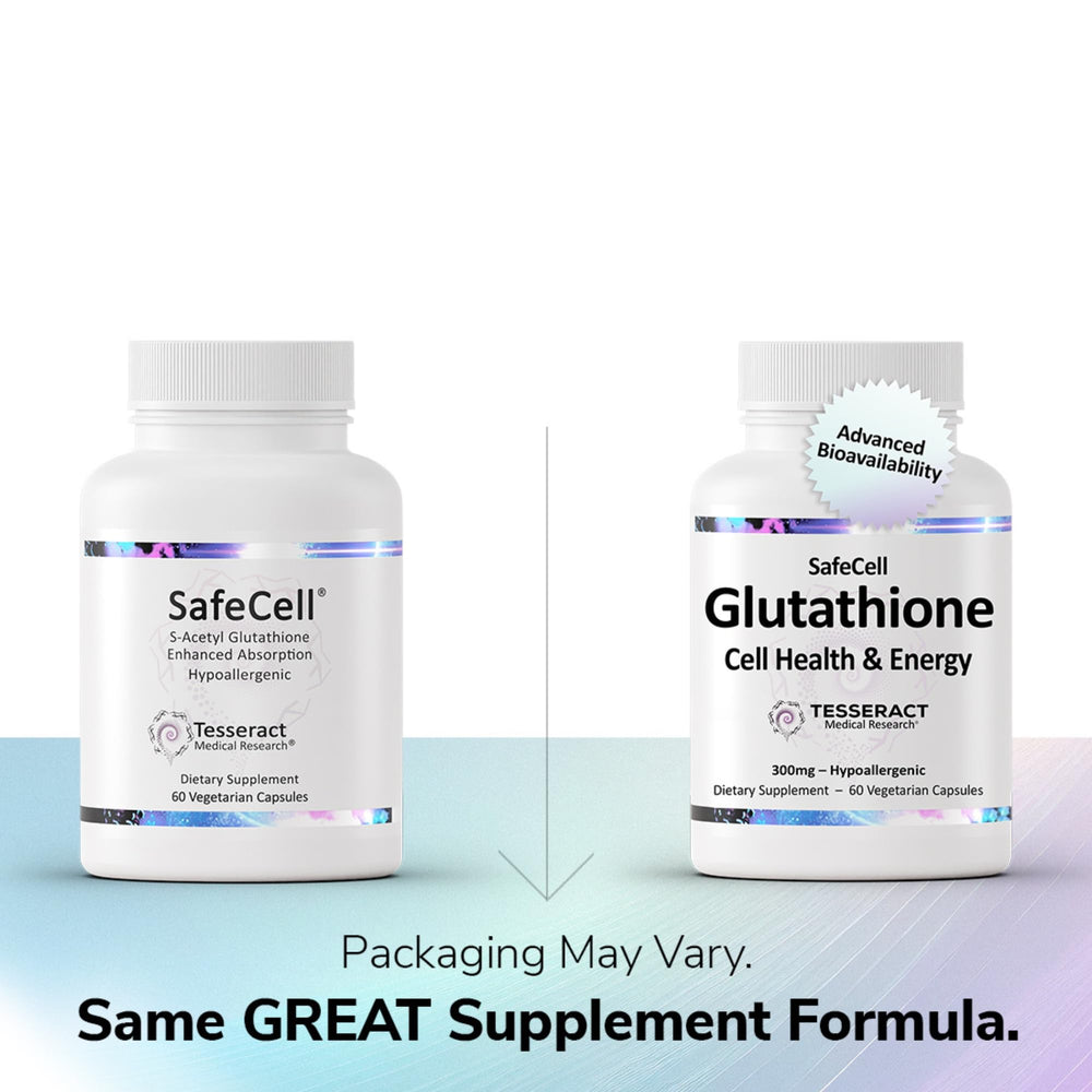 Close-up of Tesseract SafeCell capsules showing S-Acetyl Glutathione for daily wellness.