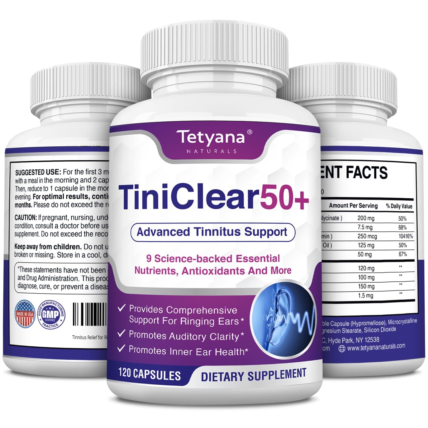 Tetyana Naturals tinnitus relief bottle supports ongoing ear wellness.