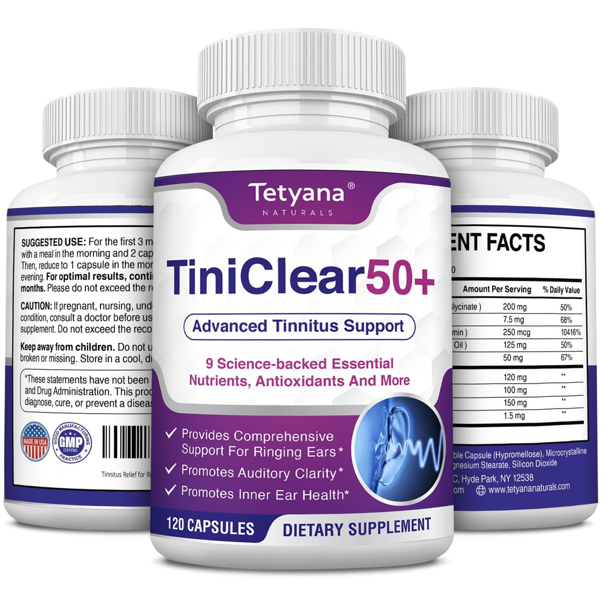 Tetyana Naturals tinnitus relief bottle supports ongoing ear wellness.