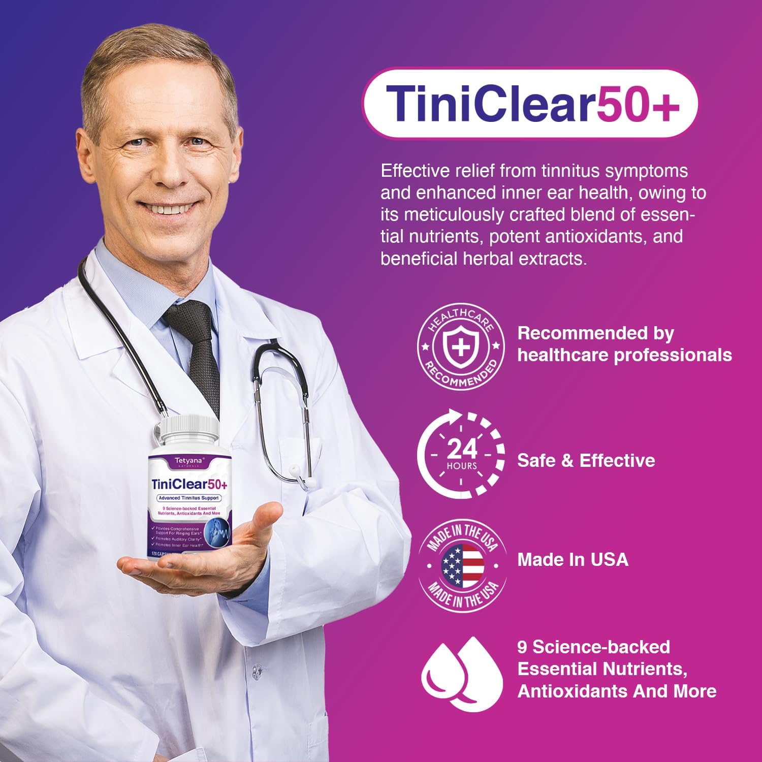 Tetyana Naturals tinnitus relief capsules close-up highlights easy-to-take capsules.