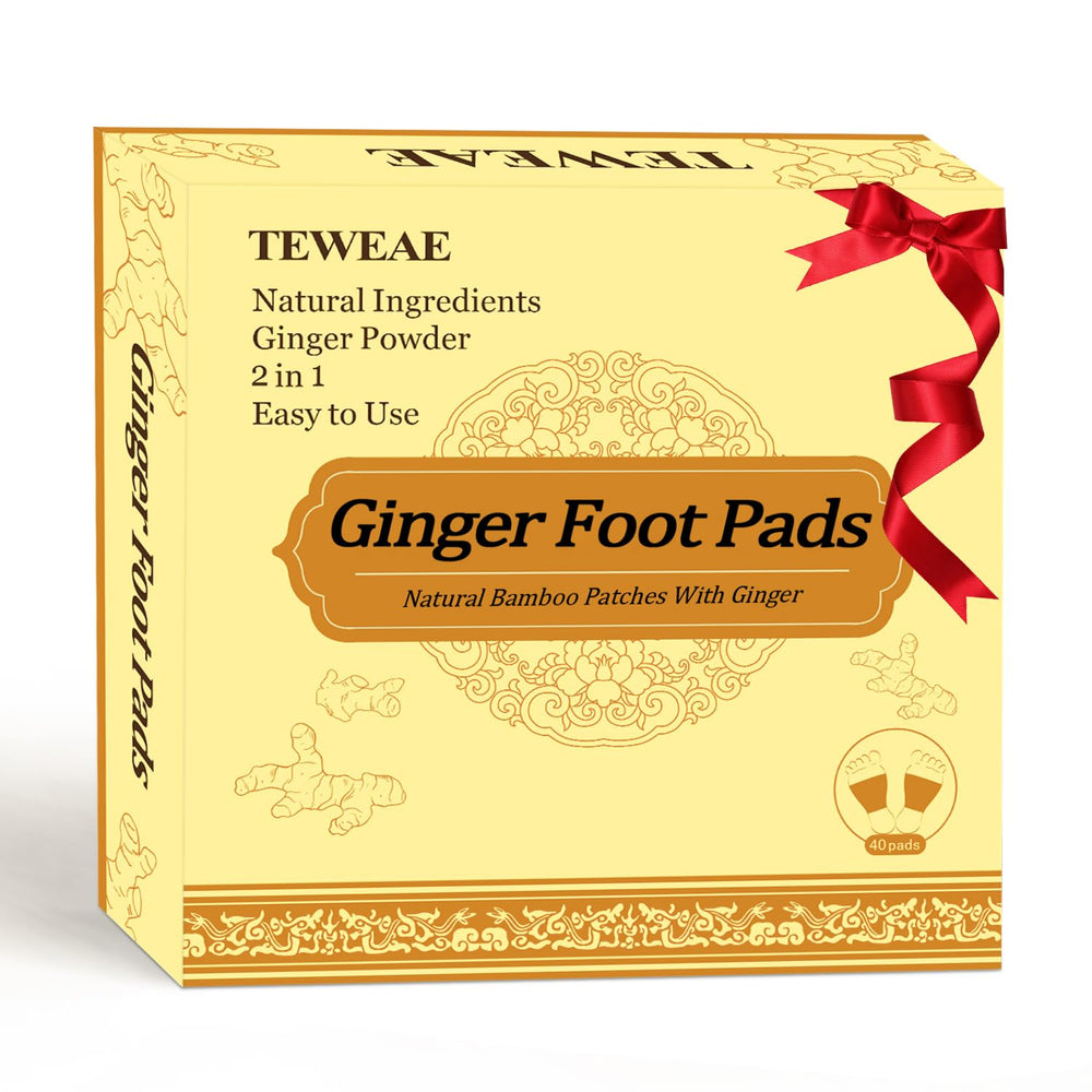TEWEAE ginger foot pads packaging showing 40 packs for convenient travel and daily use