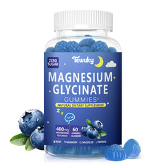 Tewuky magnesium glycinate gummies blueberry bottle sits on a kitchen counter.