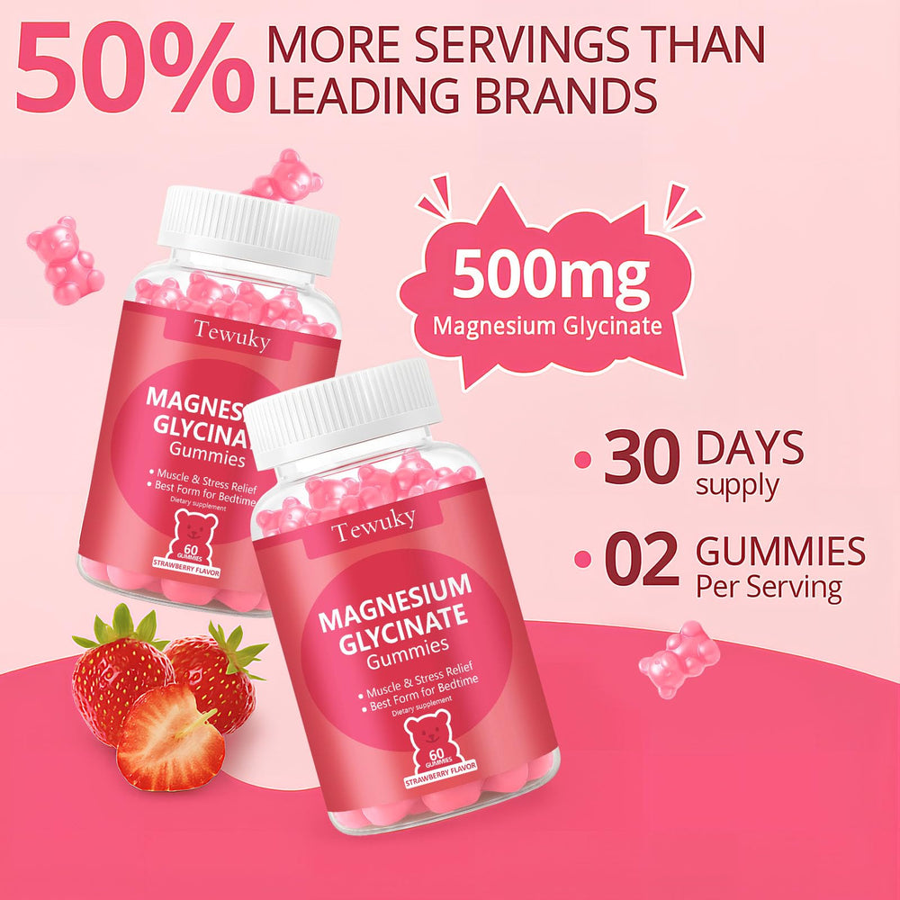 Strawberry-flavored gummies suggest stress-relief and muscle comfort scenarios.