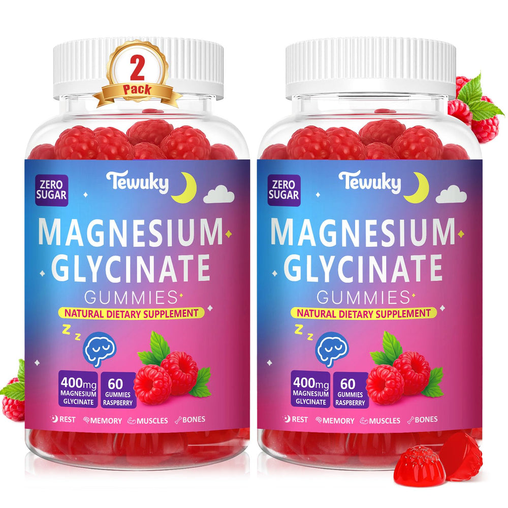 Tewuky Magnesium Glycinate Gummies bottle with raspberry flavor for relaxed sleep support.