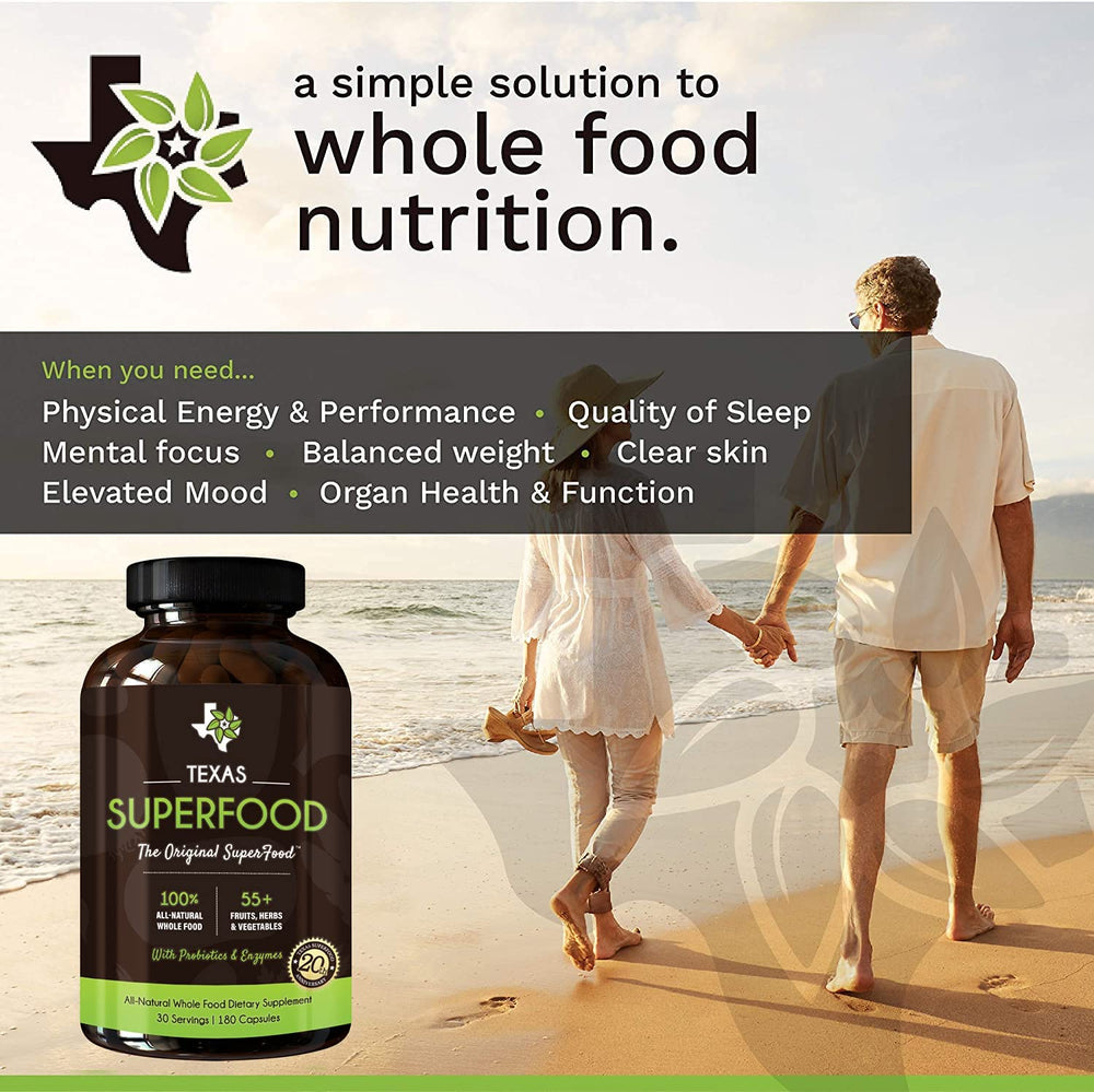 Texas SuperFood bottle on kitchen counter for everyday wellness.