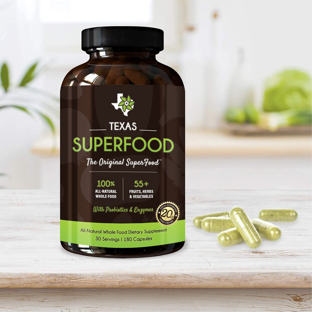 Texas SuperFood ingredients include fruits, vegetables, enzymes for natural nourishment.