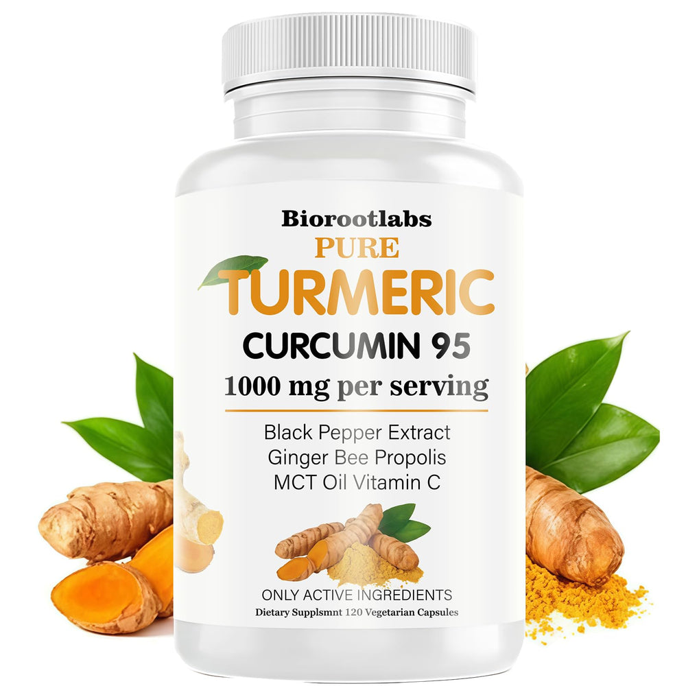 TEYAOE Biorootlabs turmeric-curcumin bottle front; convenient daily supplement for joints and wellness.