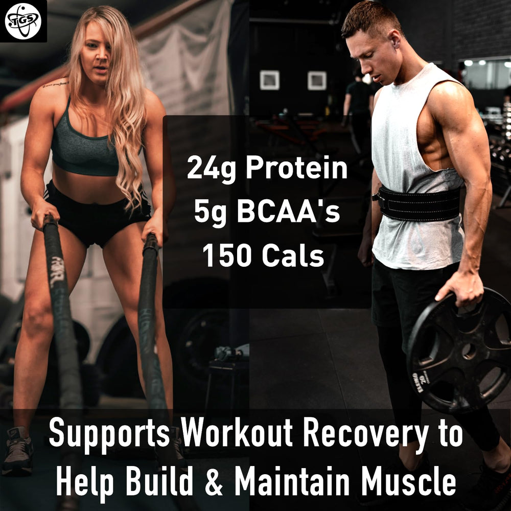 TGS Nutrition chocolate whey protein powder label highlights protein content