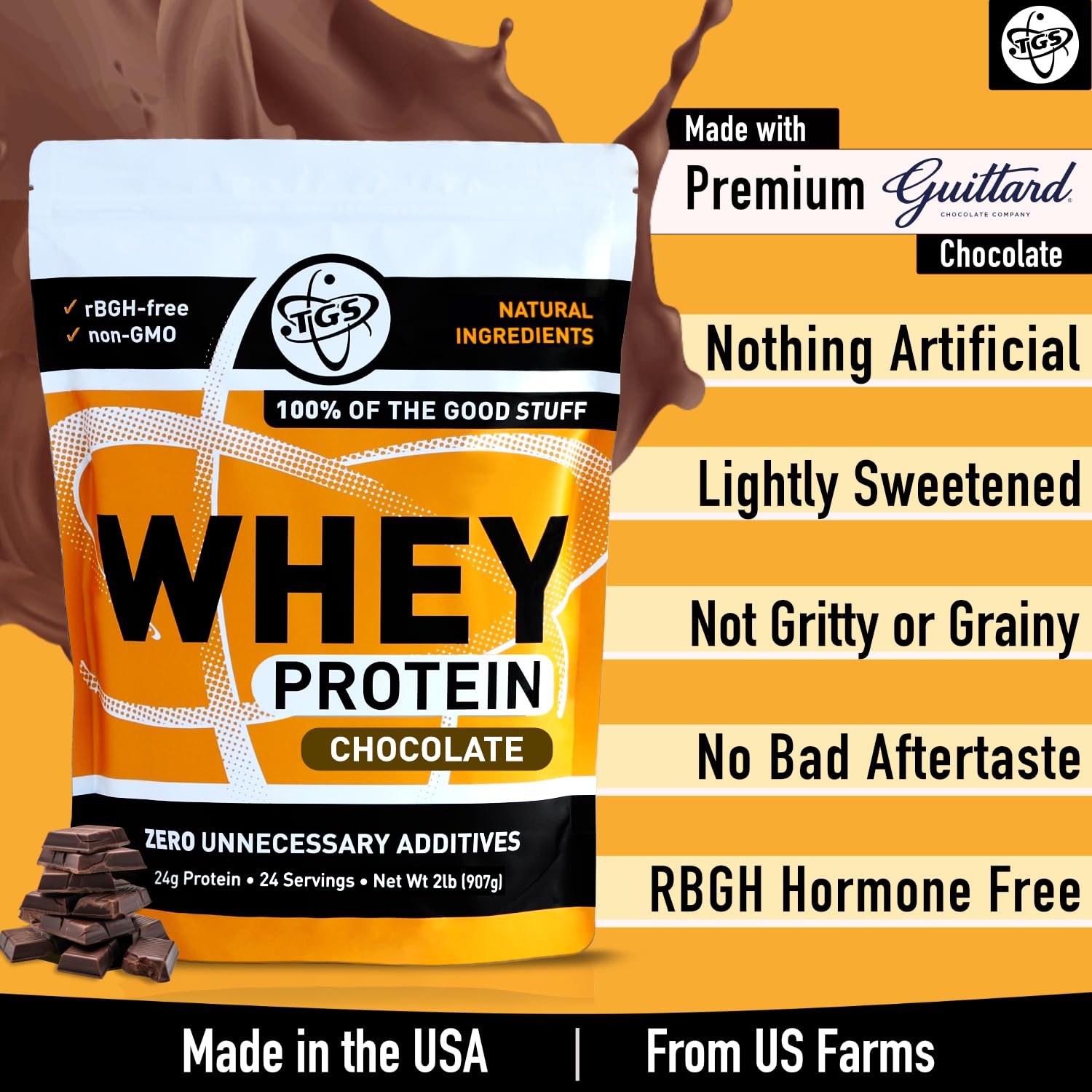 TGS Nutrition chocolate whey protein powder in shaker ready to mix