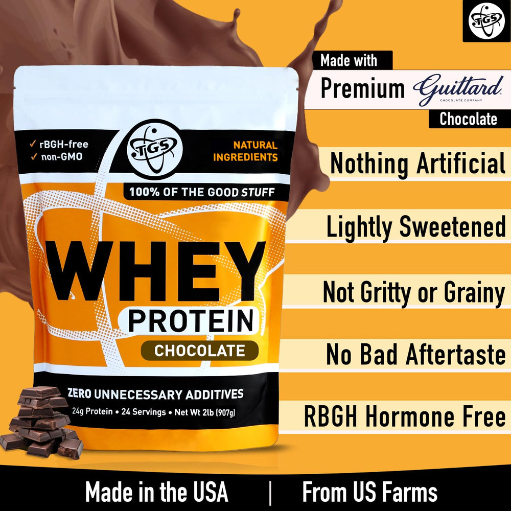 TGS Nutrition chocolate whey protein powder in shaker ready to mix