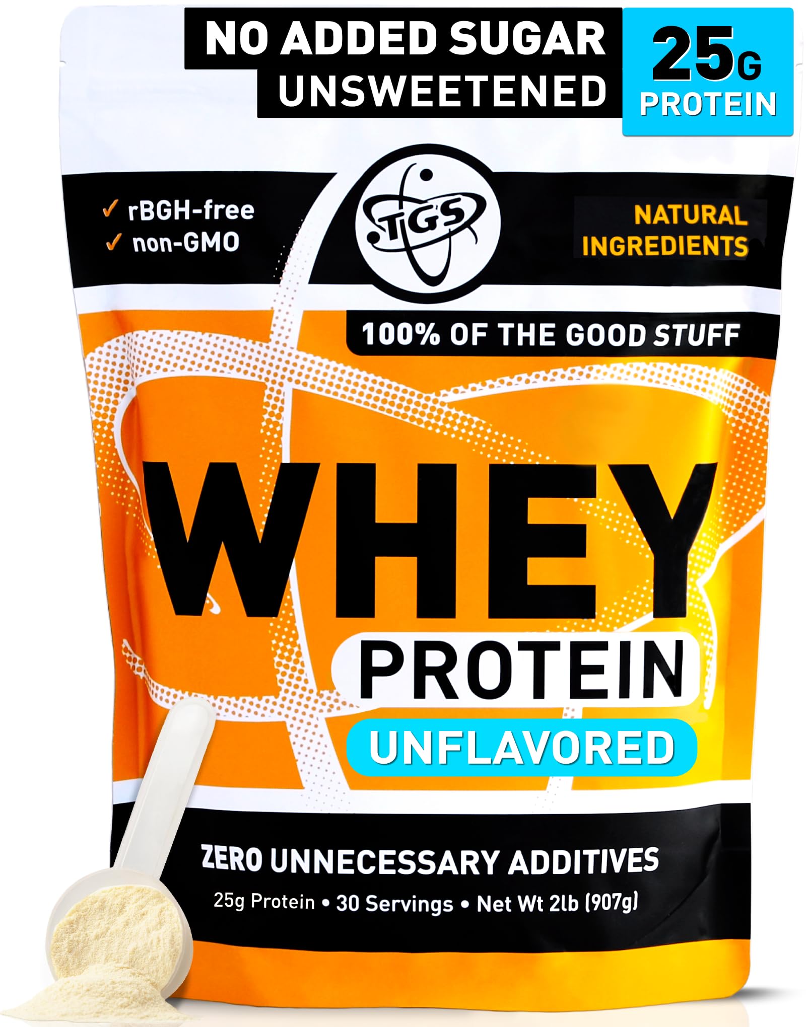 TGS Nutrition Whey Protein Unflavored packaging highlights a clean, versatile protein option for meals