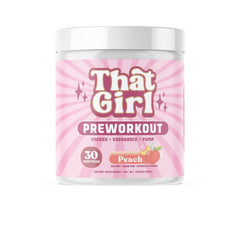 That Girl Pre Workout peach powder boosts clean energy for focused workouts.