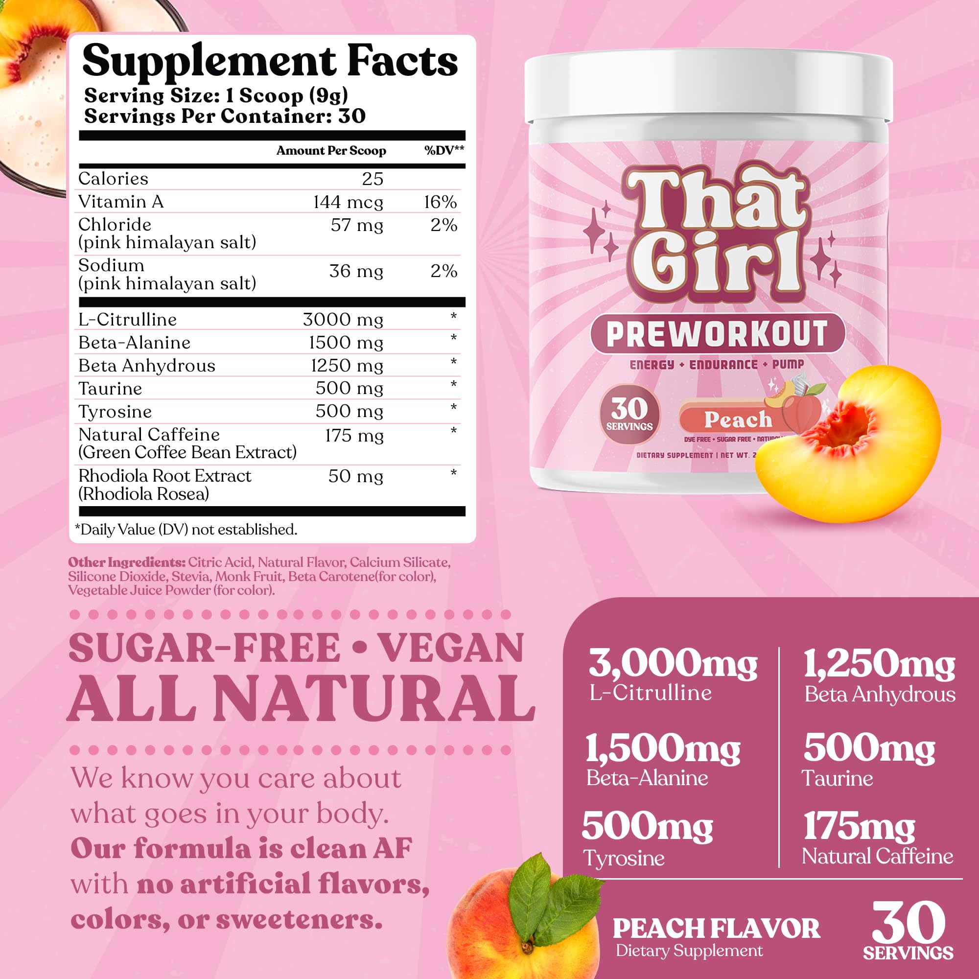 That Girl Pre Workout tub front view showcases the product's peach aesthetic.