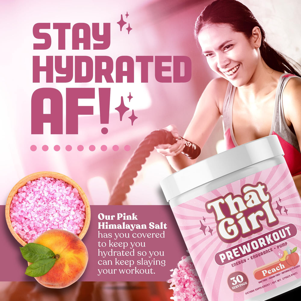 That Girl Pre Workout vegan label communicates plant-based, sugar-free formulation.