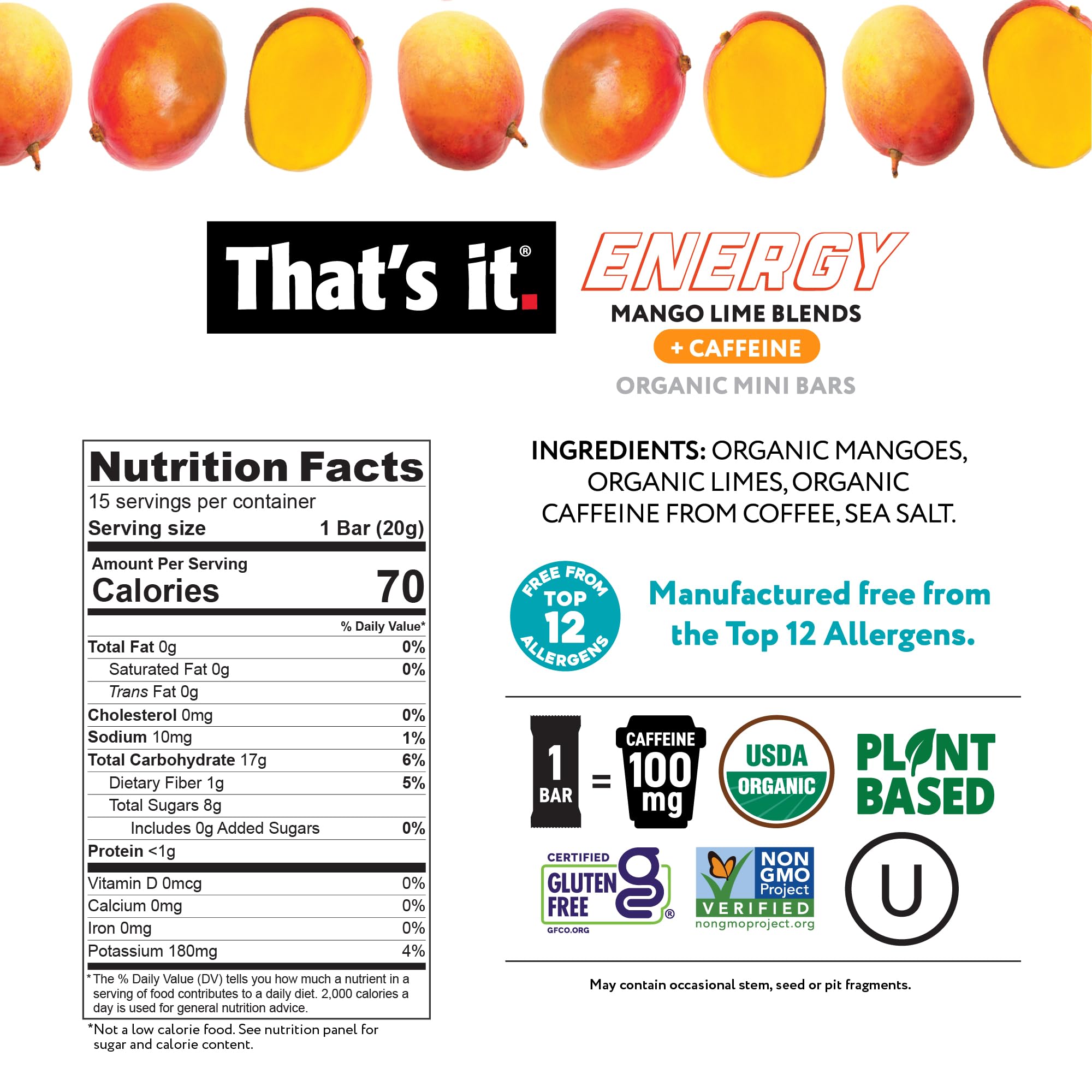 That’s It Mango Lime Energy Mini Bars ingredient panel highlighting organic real fruit