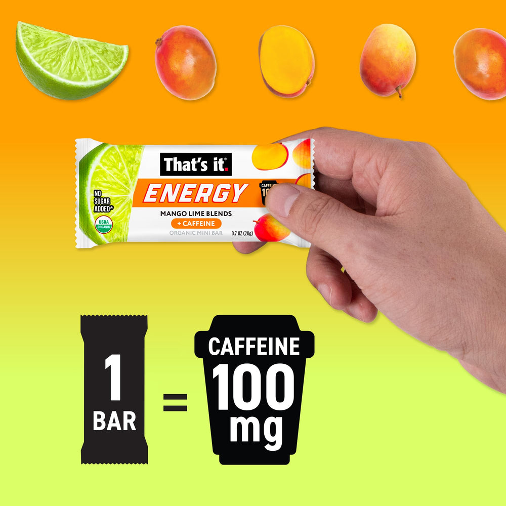That's It Mango Lime Energy Mini Bars on-the-go use for workouts, study, or office breaks