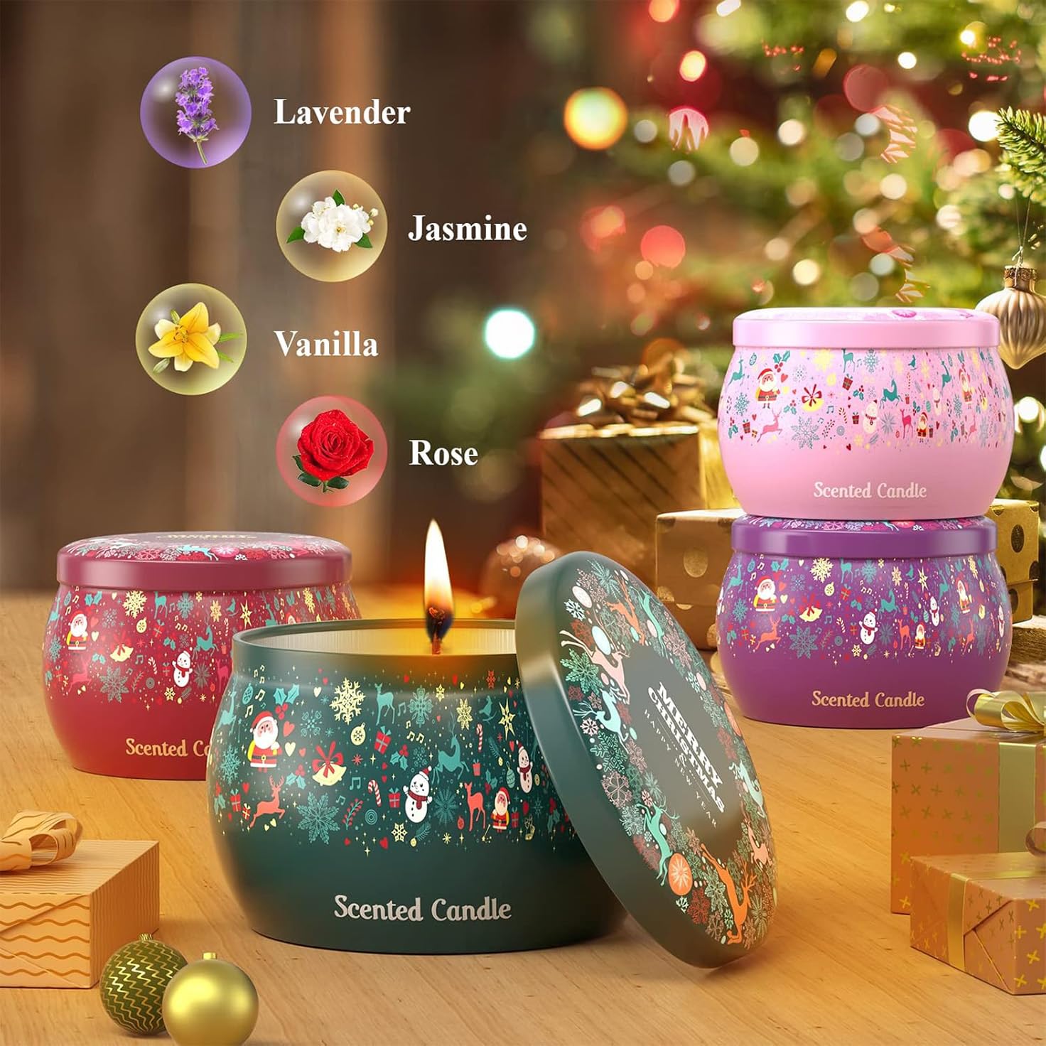 THAUSDAS Aromatherapy Christmas Candle with lid off reveals warm glow