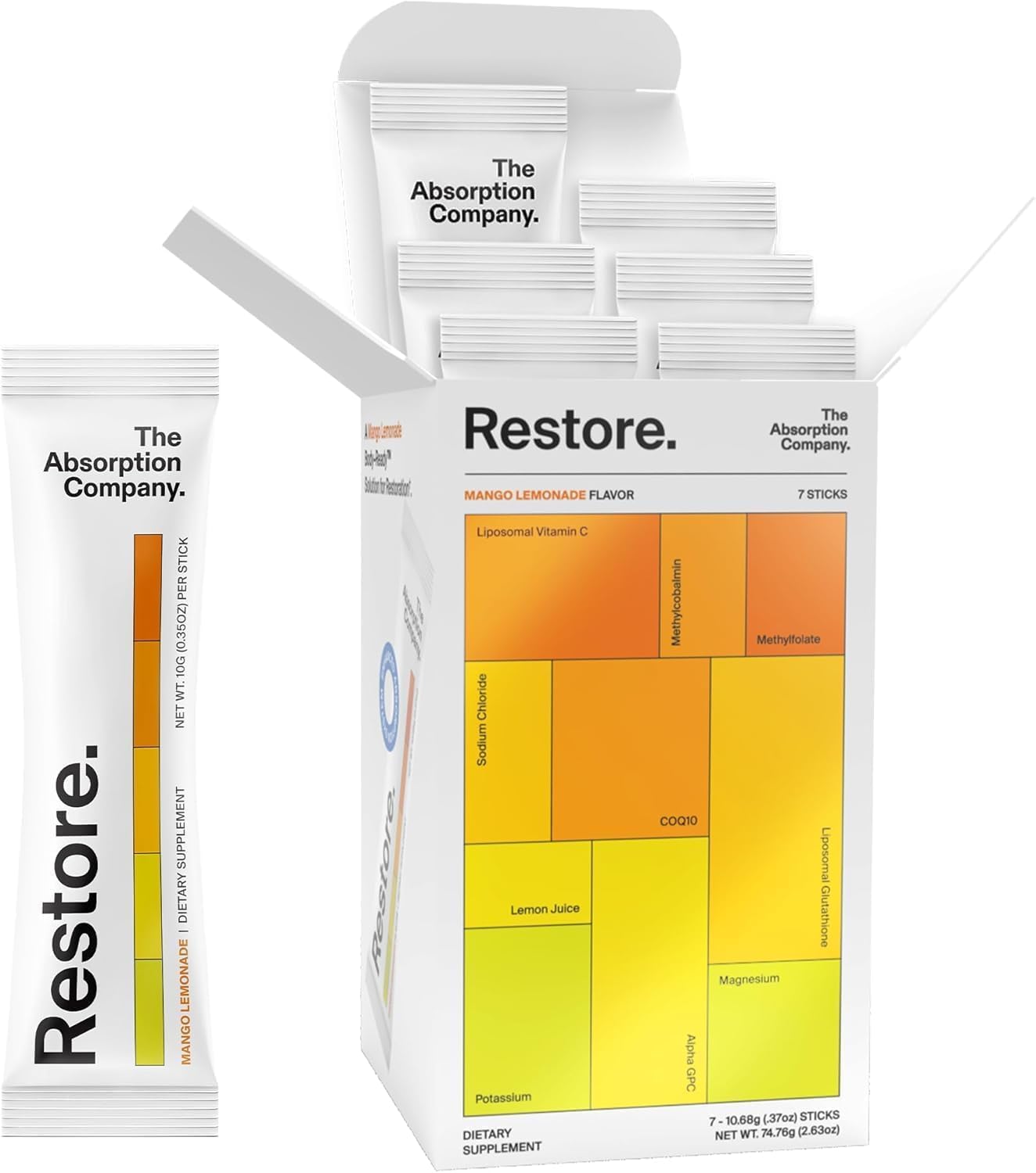 The Absorption Company mango lemonade electrolyte packet dissolving in water for quick hydration.
