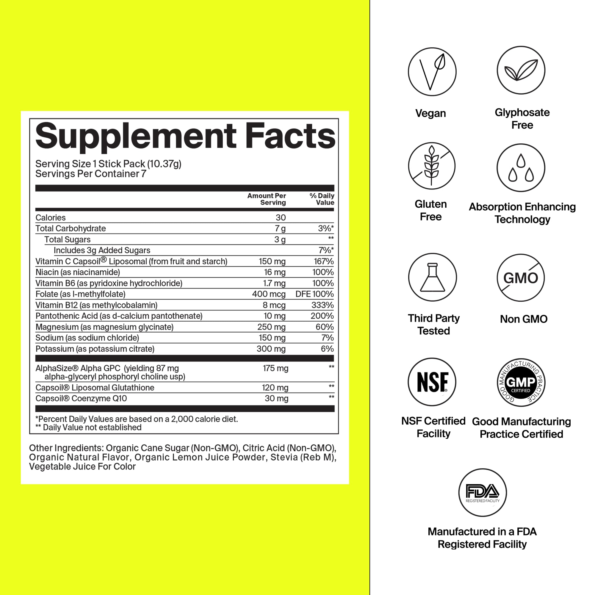 Close-up of The Absorption Company bottle showing liposomal vitamin C and glutathione.