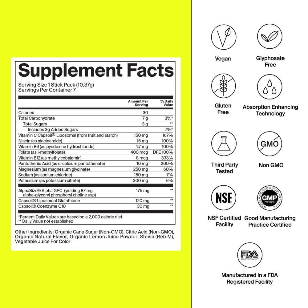 Close-up of The Absorption Company bottle showing liposomal vitamin C and glutathione.