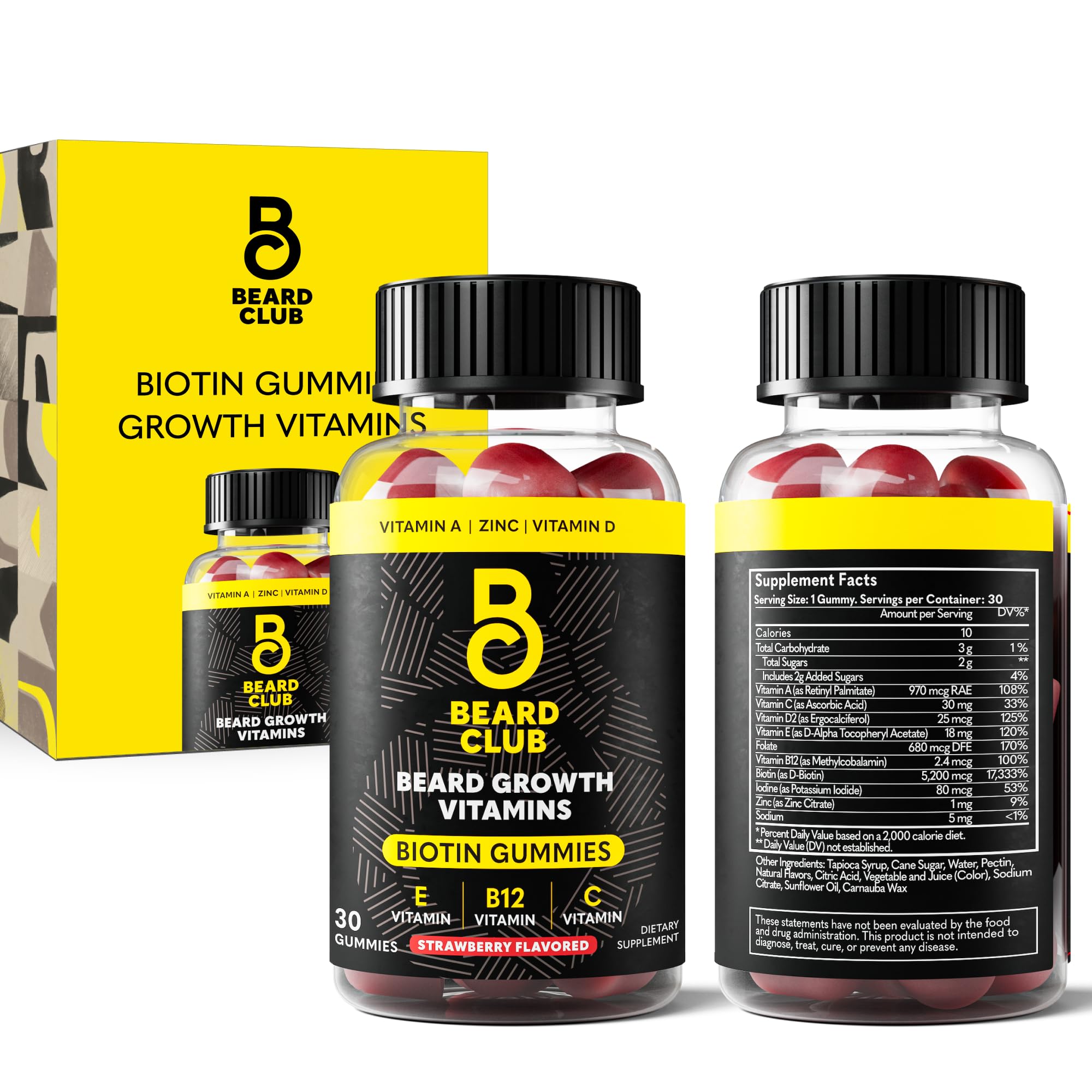 The Beard Club Biotin Beard Growth Gummies bottle on white surface for convenient beard care