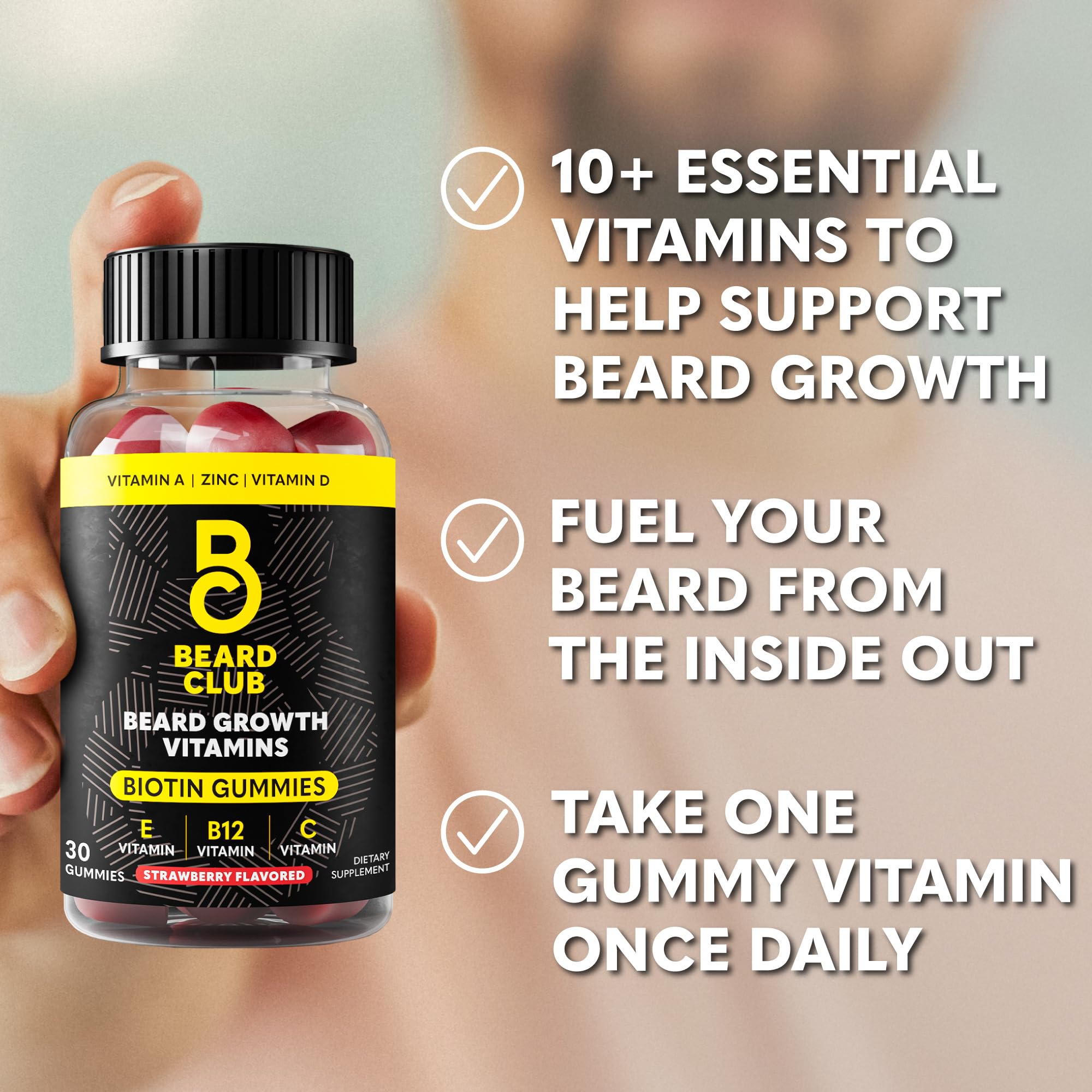 The Beard Club Biotin Beard Growth Gummies bottle pouring demonstrates daily, easy supplementation