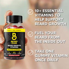 The Beard Club Biotin Beard Growth Gummies bottle pouring demonstrates daily, easy supplementation