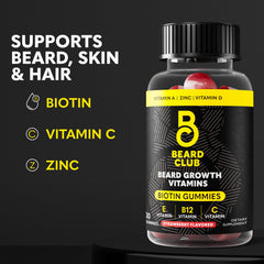 The Beard Club Biotin Beard Growth Gummies close-up shows strawberry flavor and chewy texture
