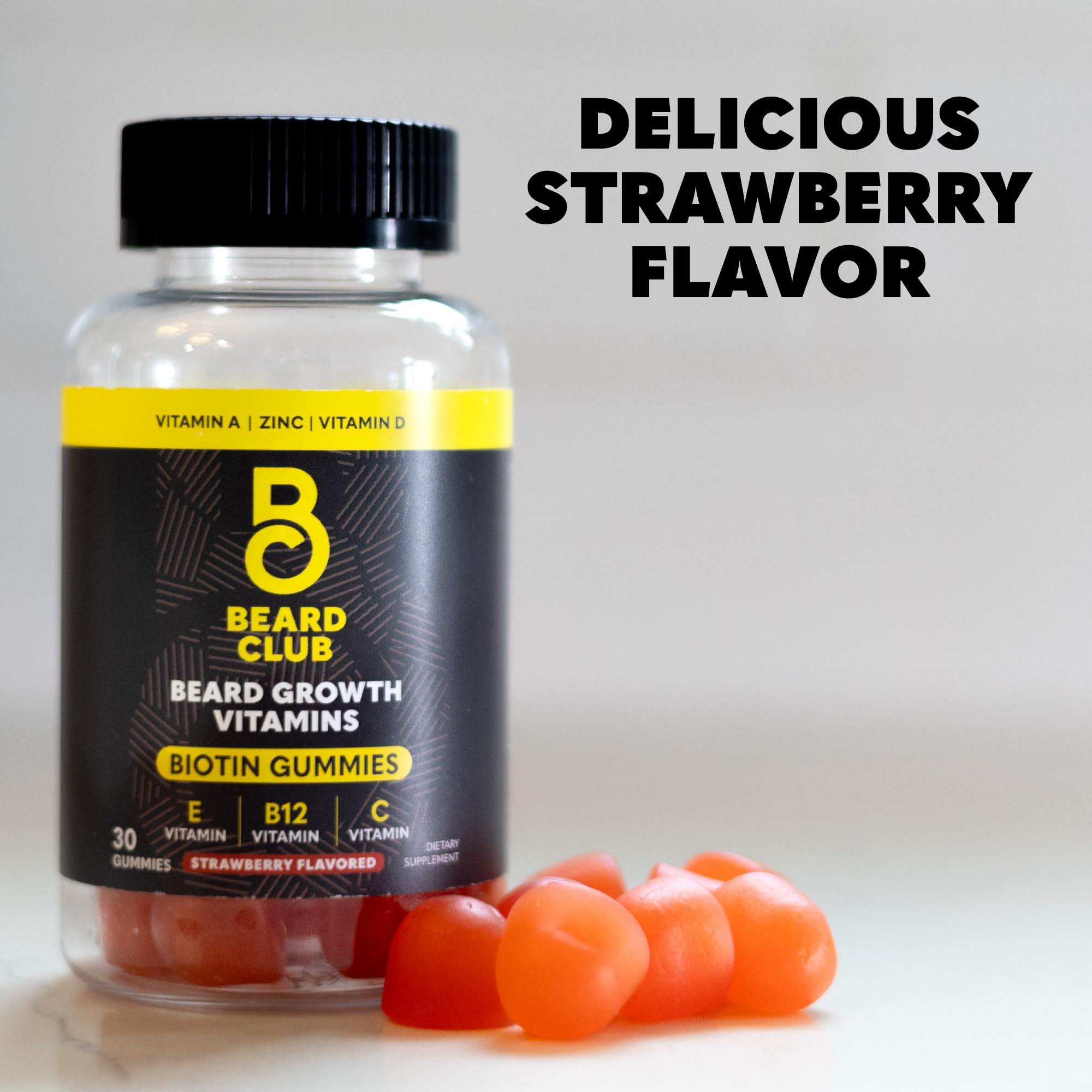 The Beard Club Biotin Beard Growth Gummies lifestyle shot suggests an everyday grooming routine