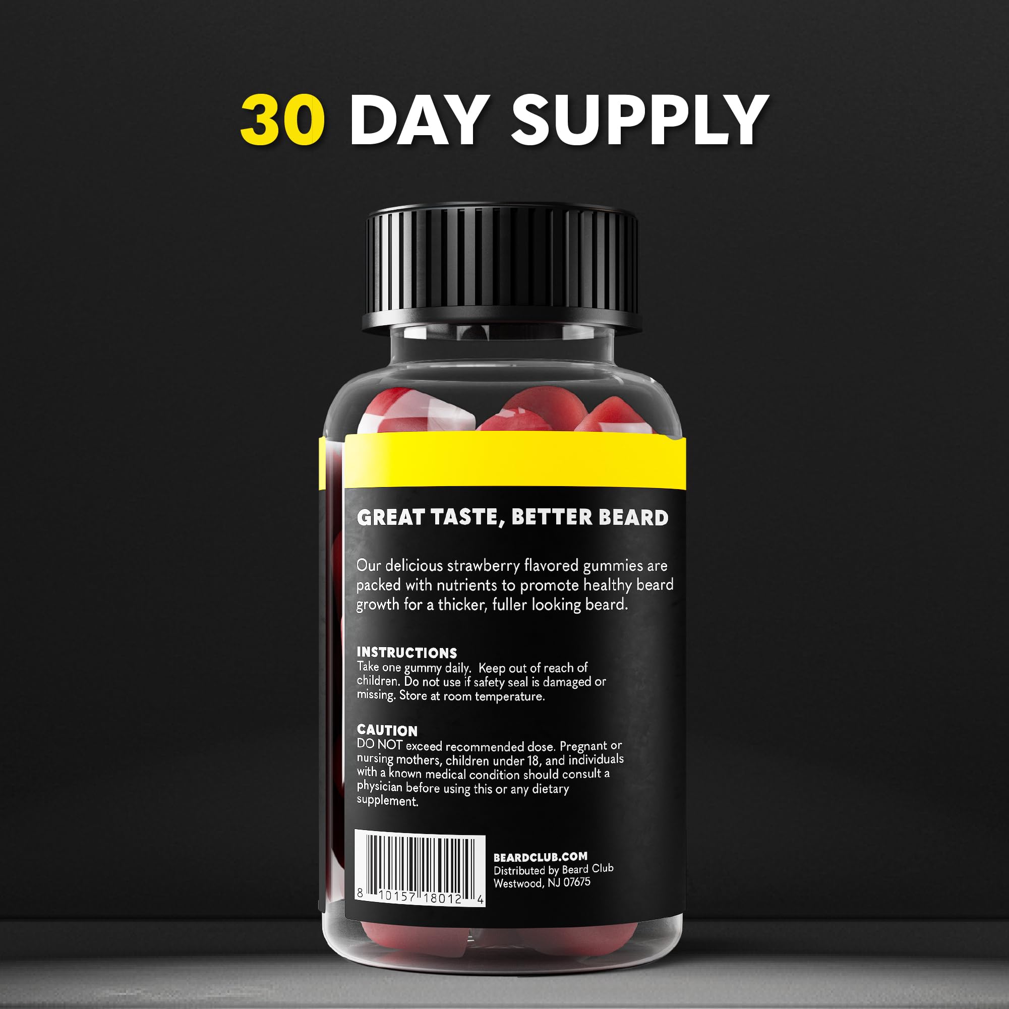 The Beard Club Biotin Beard Growth Gummies strawberry flavor shot conveys a tasty grooming ritual