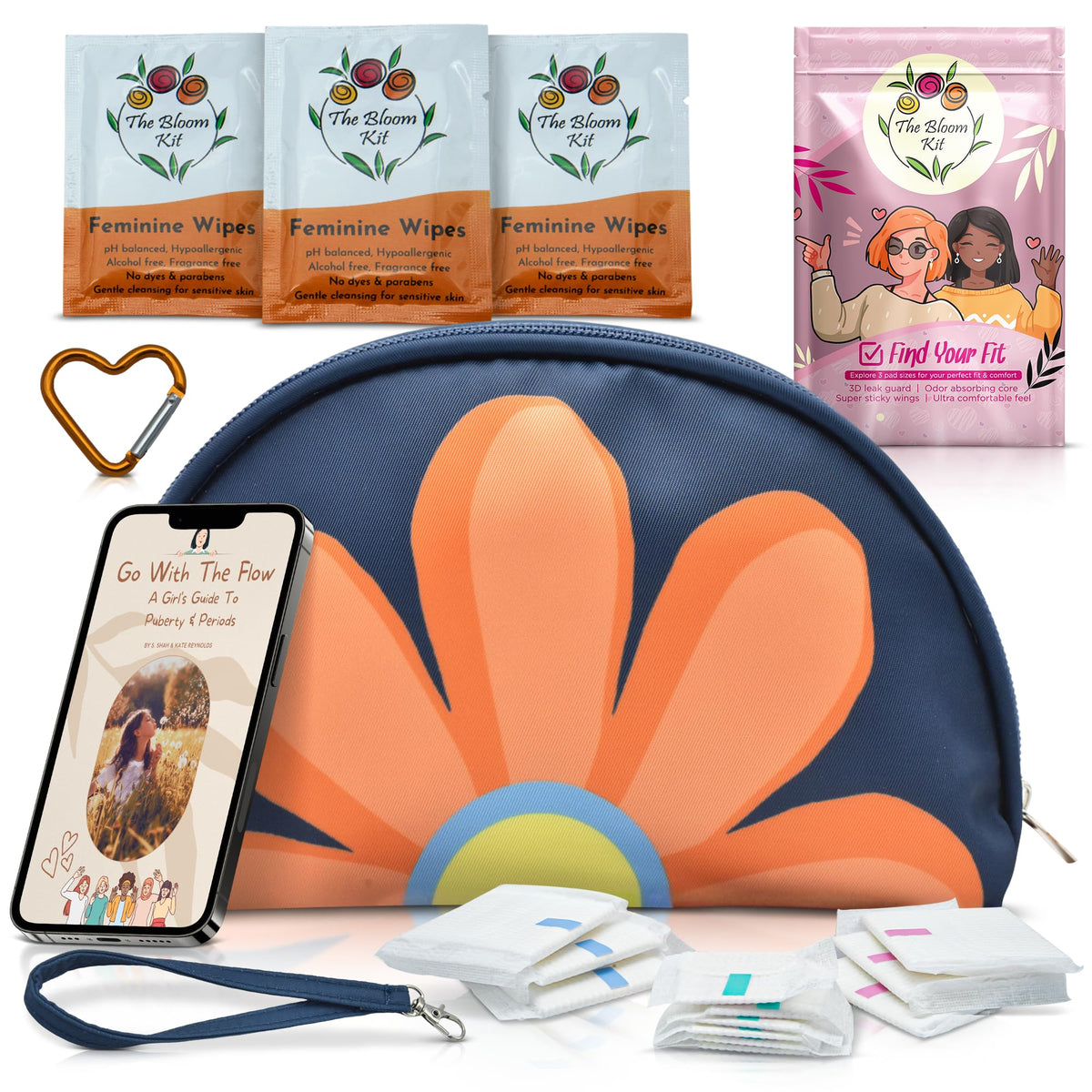 The Bloom first period kit in blue bag front view keeps her prepared for school.