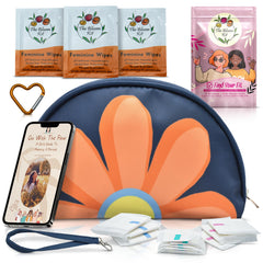 The Bloom first period kit in blue bag front view keeps her prepared for school.