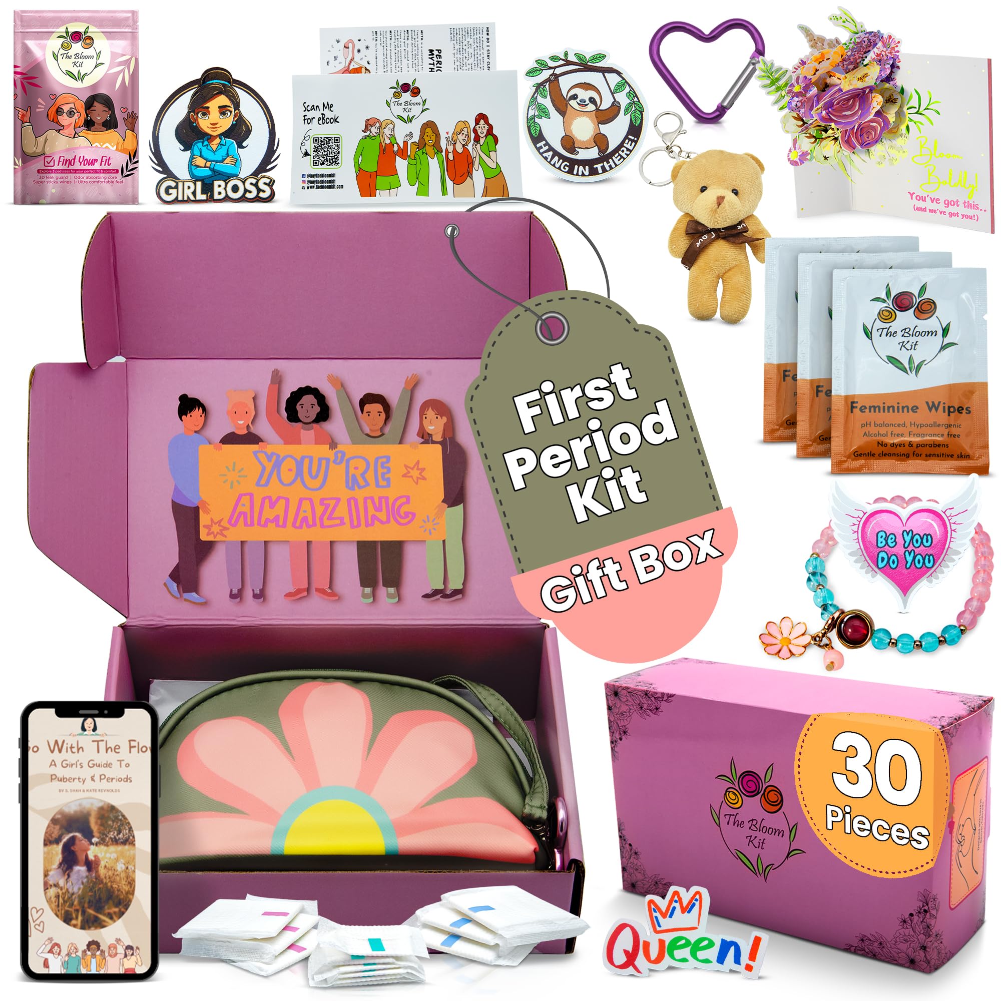 The Bloom First Period Kit girls package displaying a complete, school-ready starter set