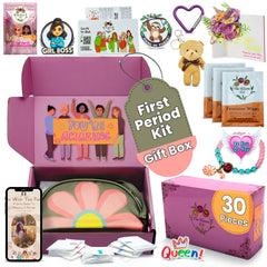 The Bloom First Period Kit girls package displaying a complete, school-ready starter set
