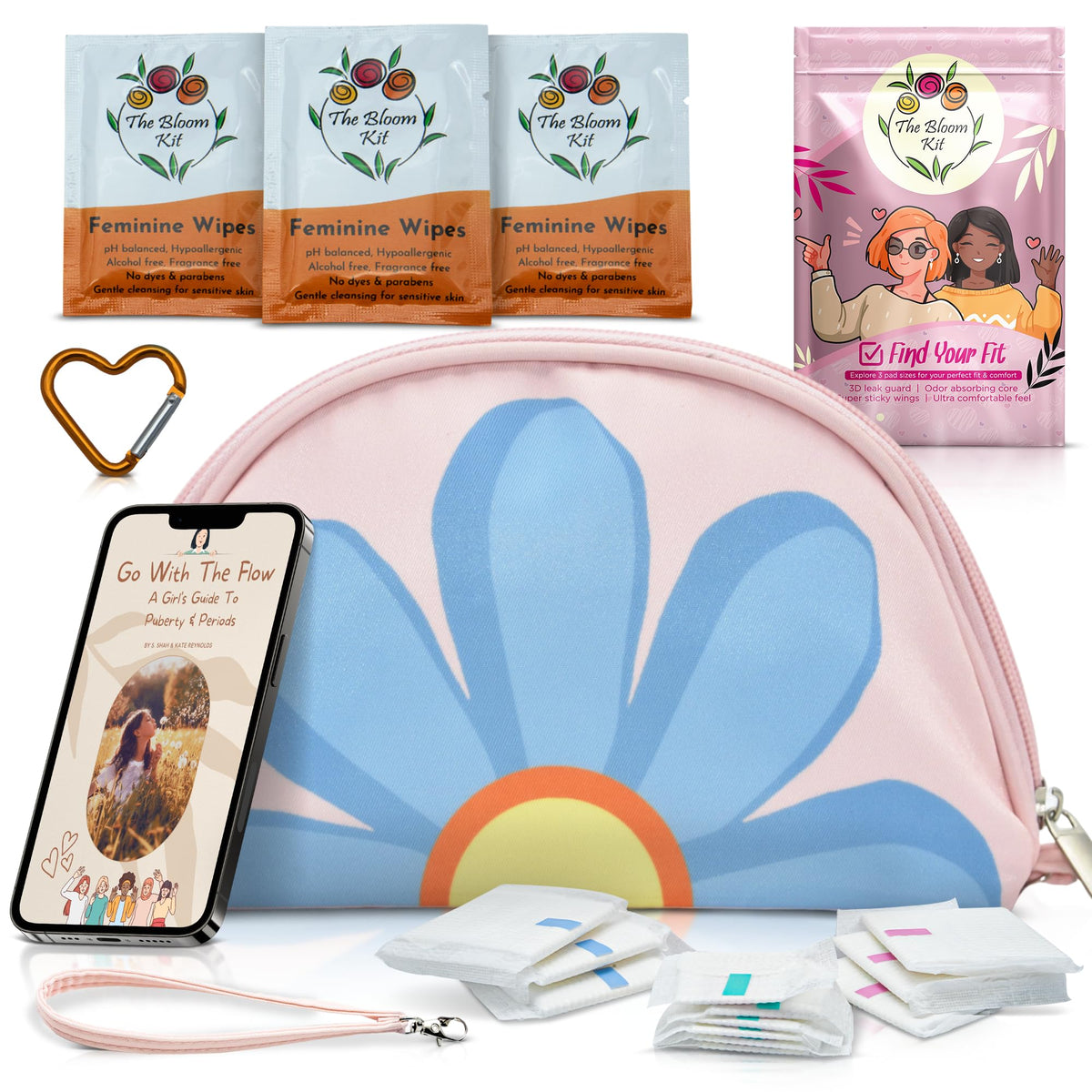 The Bloom first period kit pink pouch front showing discreet, portable design