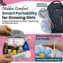 The Bloom first period kit pink pouch open for quick access to essentials