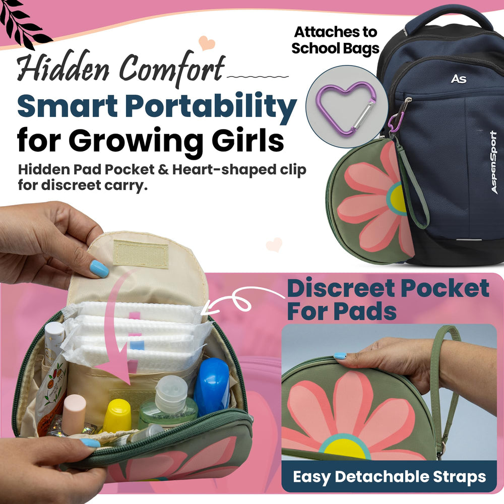 The Bloom period pouch closed with secure zipper, keeping items discreet.