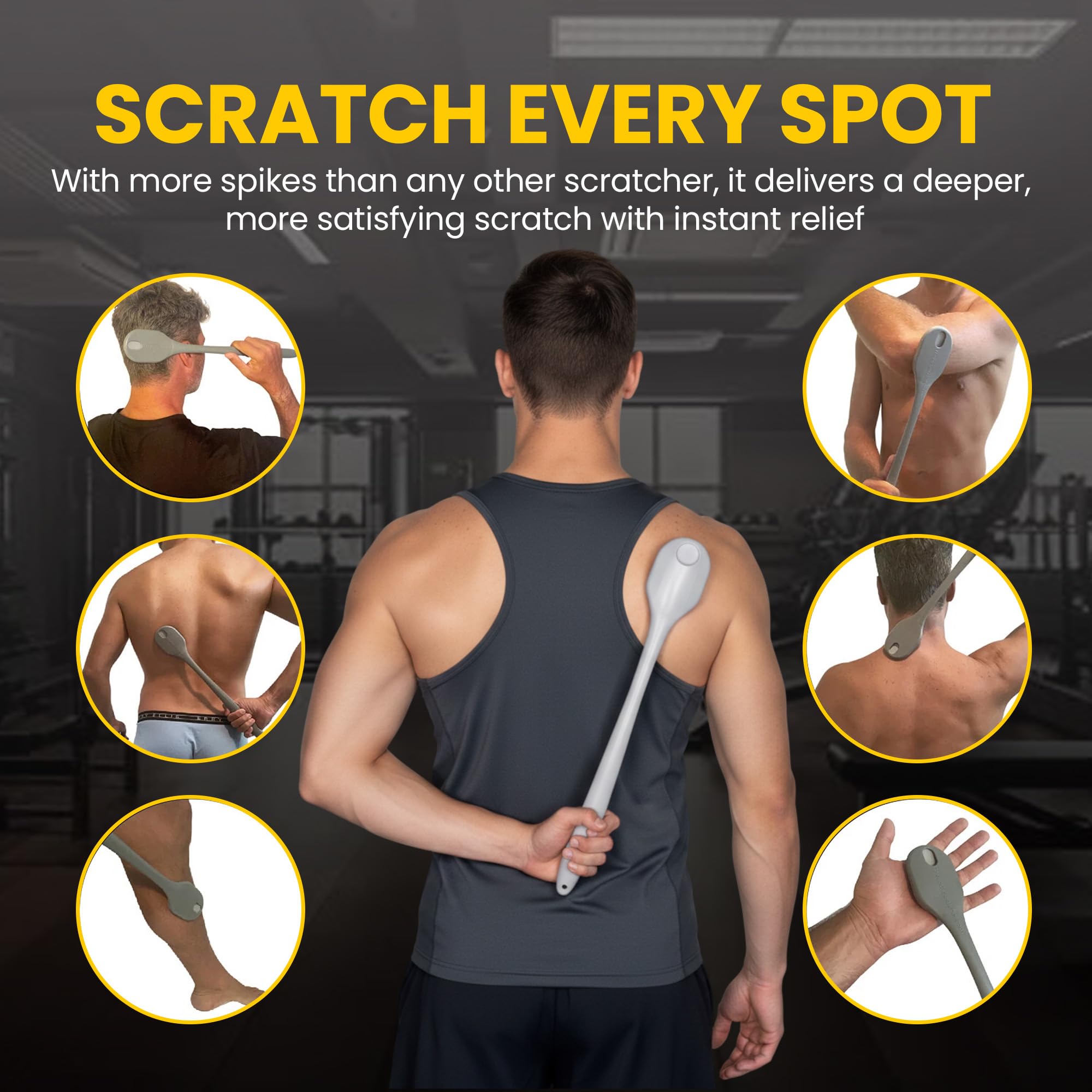 The Body Scratcher scalp-massager close-up shows soothing head massage.