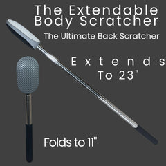 The Body Scratcher stiff head targets thicker skin on back, arms, and legs.