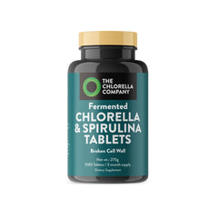 The Chlorella Company fermented chlorella-spirulina tablets front bottle for daily energy support