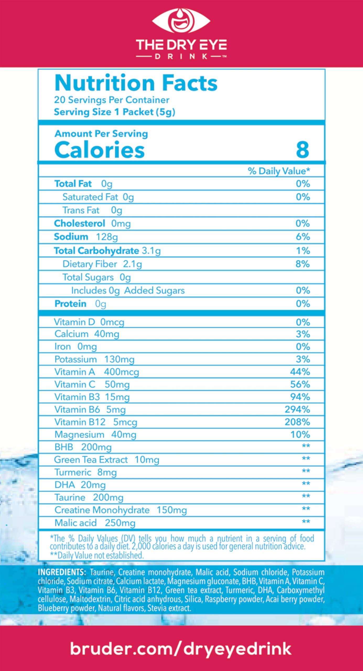 The Dry Eye Drink berry-flavored mix supports daily hydration with refreshing taste
