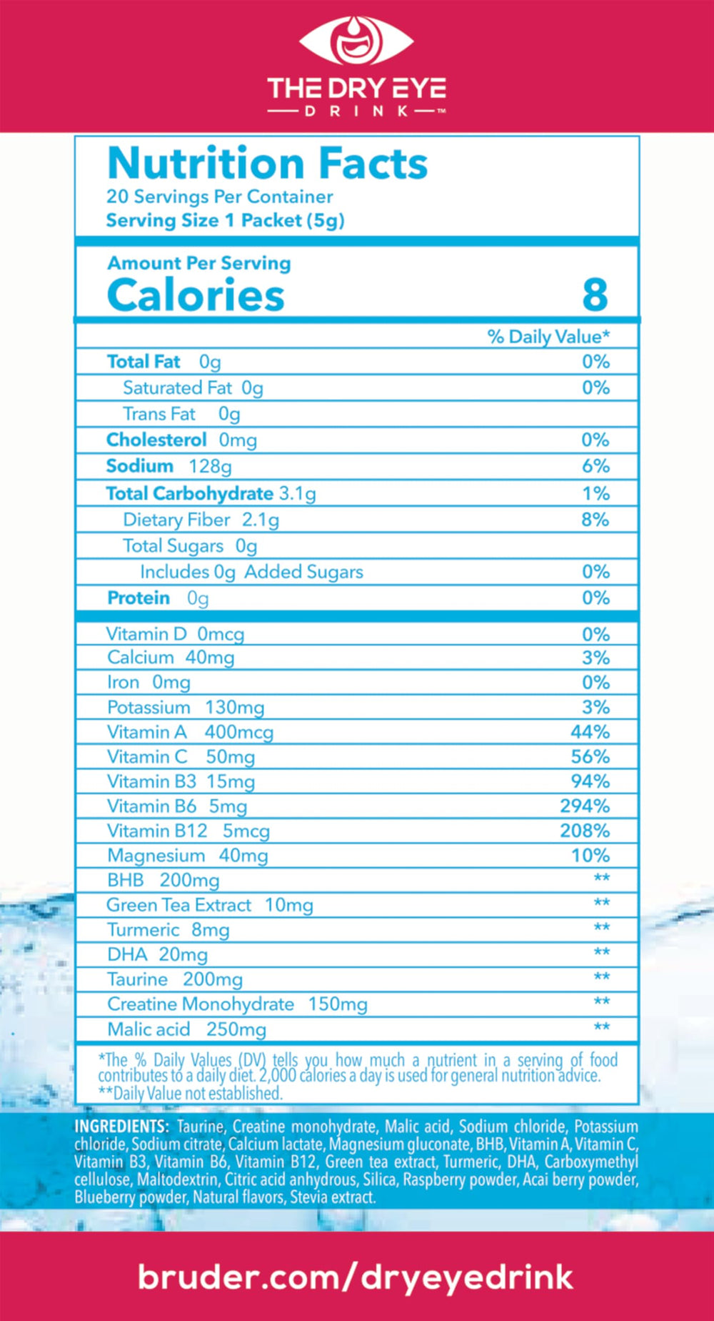 The Dry Eye Drink berry-flavored mix supports daily hydration with refreshing taste