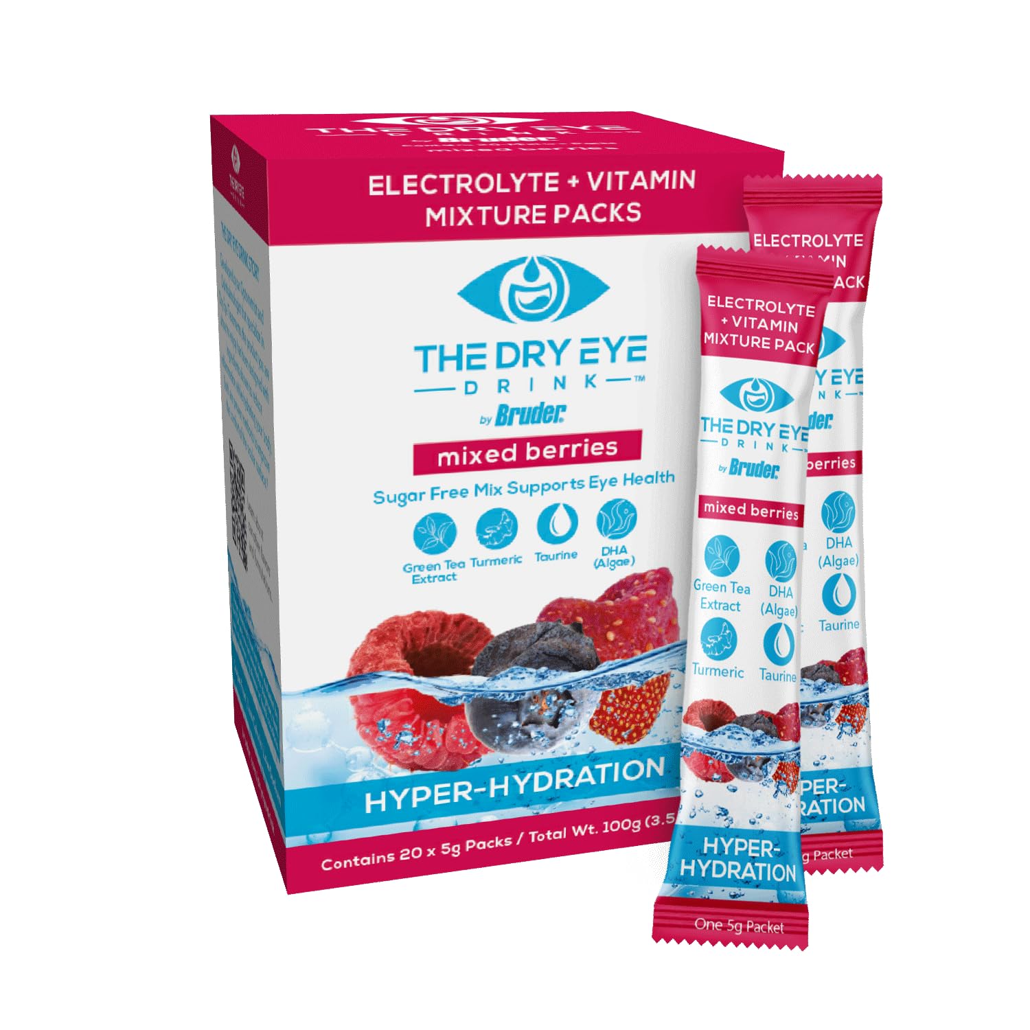 The Dry Eye Drink mixed berry packets ready to mix for quick hydration