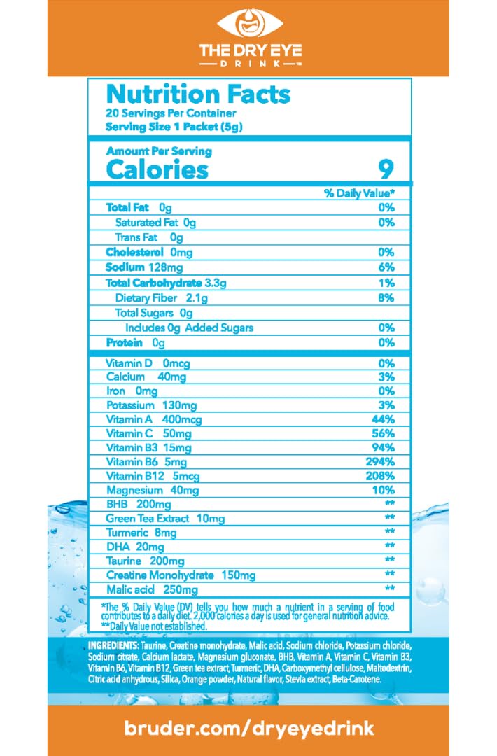 Closeup of The Dry Eye Drink orange label highlighting ingredients and benefits.