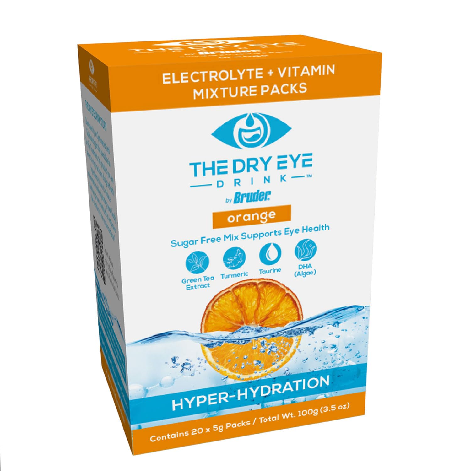 The Dry Eye Drink orange packets shown from the side for daily hydration.