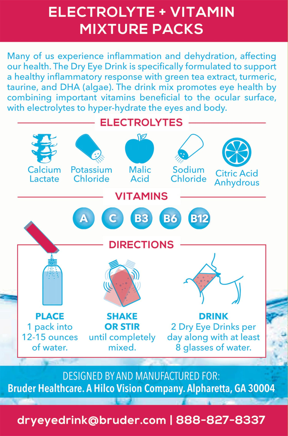 The Dry Eye Drink sugar-free hydration powder dissolves cleanly in water